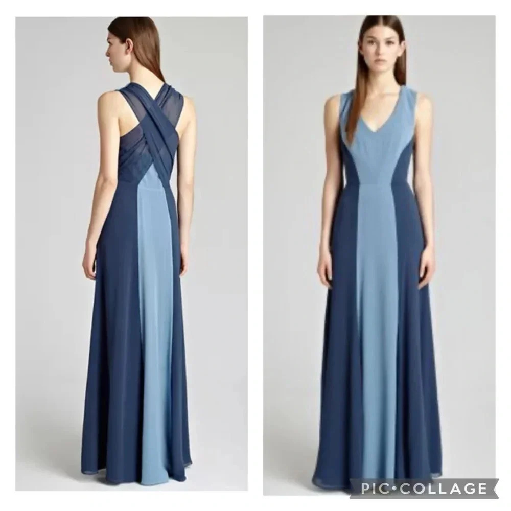 Reiss Alla Blue Color Block Criss Cross Back Maxi Long Gown Size 6